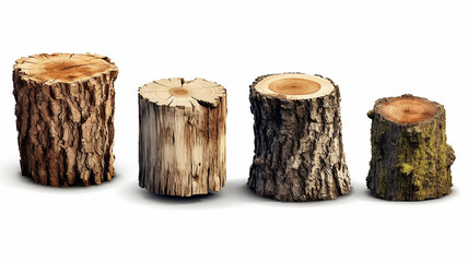 collection of wooden stumps isolated on a white background.