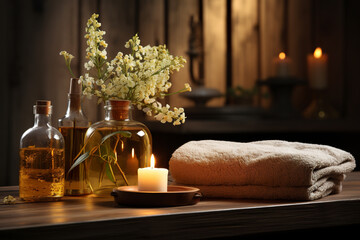 Luxury Spa treatment and aromatherapy concept background. Burning candle, oil and soap, candle and other details of wellness body care.
