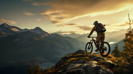 Fototapeta premium Marvel at the breathtaking vistas as a mountain biker pauses on a ridge to take in the panoramic view of a mountain range. This serene yet awe-inspiring image combines the beauty of the natural world.
