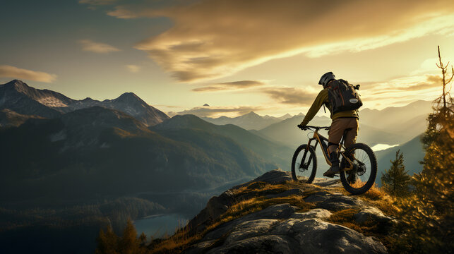 Marvel at the breathtaking vistas as a mountain biker pauses on a ridge to take in the panoramic view of a mountain range. This serene yet awe-inspiring image combines the beauty of the natural world.