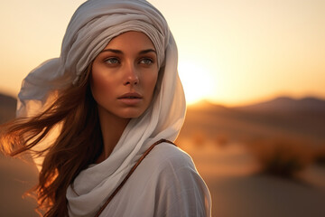 portrait of a woman wearing a white turban in the desert at sunset.