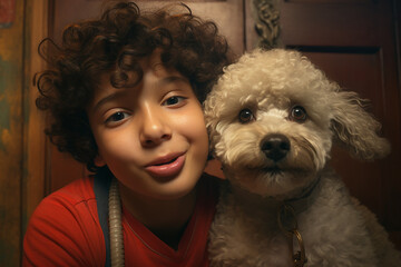 African-American boy takes a selfie with his poodle toy dog