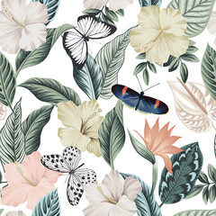 Butterflies, hibiscus and leaves tropical seamless pattern. Floral wallpaper.