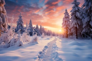 Abendliche Winteridylle mit verschneiten B&auml;umen