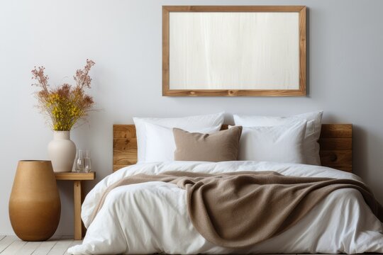 A beautiful canvas frame in bedroom room, bed room interior, Generative AI