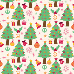 Retro 70s Christmas Trees with hippie flowers seamless pattern, peace signs, ornaments, gifts and winter cloths.