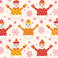 Hippie Groovy Christmas Snowmen wearing floral sweaters seamless pattern. For wrapping paper, textile and fabric 