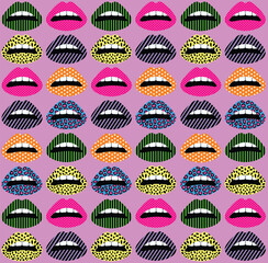 Lips. Seamless background with different colored lips on a pink background.