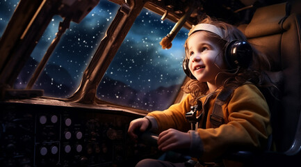 Young girl ready to travel with plane toy. Cute kid happy with Imagining to fly a plane. Generative AI.