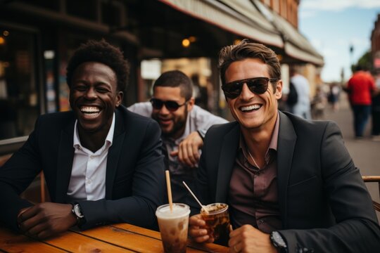 group of friends at a table on the street