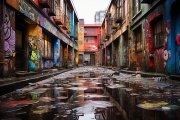  Graffiti-covered alleyway with vibrant street art, Generative AI