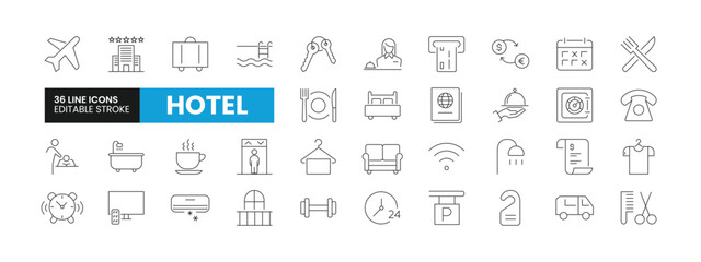 Set of 36 Hotel line icons set. Hotel outline icons with editable stroke collection. Includes Hotel, Swimming Pool, Barber Shop, Luggage, Airplane and More.