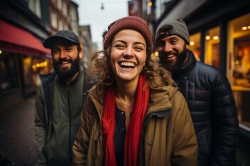 Fototapeta premium Group of friends laughing and enjoying a day out in the city, Generative AI.