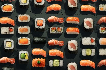 Background with detailed and textured various sushi pieces on a surface of gray-toned slate. Generative AI
