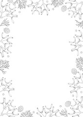 Christmas floral frame for greeting card, invitation. Isolated winter holiday garland. Juniper tree branches, cedar cones and mistletoe. Elegant hand drawn vintage engraving illustration, design, web 