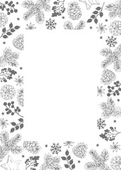 Retro Christmas invitation. Isolated festive winter holiday floral frame with fir tree branches, pine cones, holly berries and banyan stars. Hand drawn gray engraving illustrations. Natural winter des