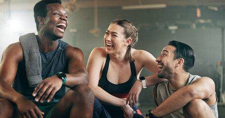 Fitness, group and laughing in gym with confidence, workout and exercise class. Diversity, friends and wellness portrait of funny athlete with community ready for training and sport at a health club - obrazy, fototapety, plakaty