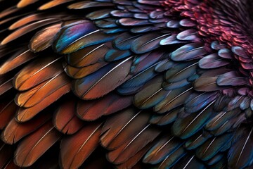 a detailed view of a colorful bird's wing with a white background and a dark border. Generative AI