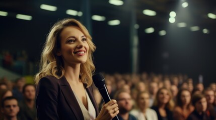 A speaker with microphone in front of audiences. Comedy music and theater live performance, Generative AI