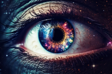 Surreal eye of universe. Galaxy vision. All-seeing eye, cosmic order, spiritual guidance concept.