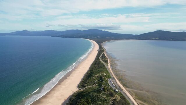 Bruny island, Australia: Aerial drone footage of the famous The Neck Game Reserve isthmus and beaches in the Bruny island in Tasmania in Australia
