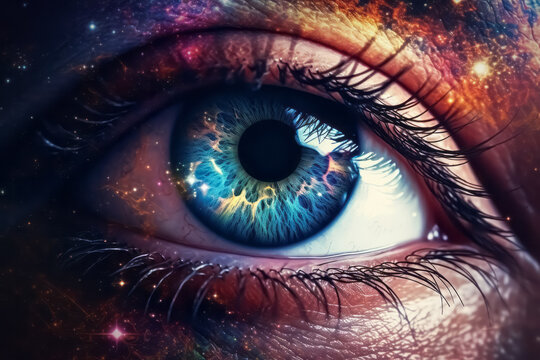 Surreal eye of universe. Galaxy vision. All-seeing eye, cosmic order, spiritual guidance concept.