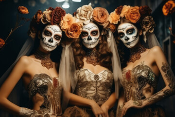 Portrait of three female models in traditional costumes and with skull makeup faces. Day of the Dead celebration concept.