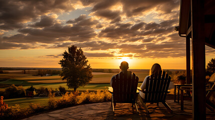 Bask in the golden hues of a stunning farm sunset. Guests relax on a porch, sipping tea and taking in the breathtaking view of the sun setting over a serene landscape.