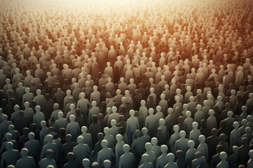 Many wooden humans, many people around. overpopulation concept, banner with a lot of diverse people