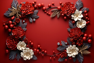 a Christmas frame adorned with fir branches on red background, in the style of spectacular backdrops, vibrant colors