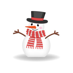 Smiling Christmas snowman with top hat and red scarf isolated on white background. Vector illustration