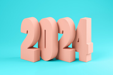 Pink numbers 2024 on a blue background 3D illustration