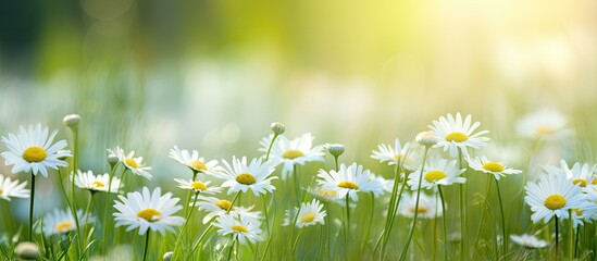 Springtime daisy on sunny meadow with blurred bokeh background Close up with text space