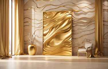 Golden Frame near Wavy Wall with Armchair and Vase, Golden Curtains, Interior Modern Living Room, using Generative Ai