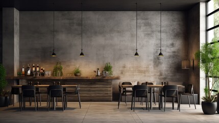 Modern luxury interior in cafe with bar and chairs with concrete walls, Generative AI