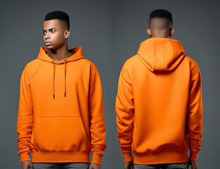 Front and back view of an orange color hoodie mockup for design print