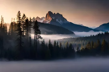 Keuken foto achterwand Mistig bos sunrise in the mountains