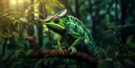 Gordijnen green chameleon hanging on a tree hd wallpaper © Your_Demon