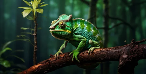 Foto op Canvas green chameleon hanging on a tree hd wallpaper © Your_Demon