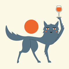Vector illustration with wolf holding glass of red wine and red sun on background. Funny party print design, bar wall decoration poster - 652755996