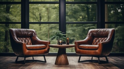 Fototapeta na wymiar Livingroom, two leather chair at wooden round coffee table in Mid - century home interior design of modern living room, Generative AI