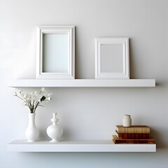 Fototapeta na wymiar White frame with wooden shelf mockup