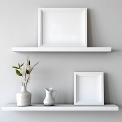 White frame with wooden shelf mockup