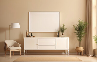 Empty Frame and Chair with Spotlights for Exhibit in the Interior, inside Modern Living Room, using generative ai