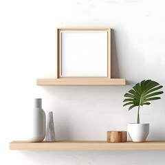 White frame with wooden shelf mockup