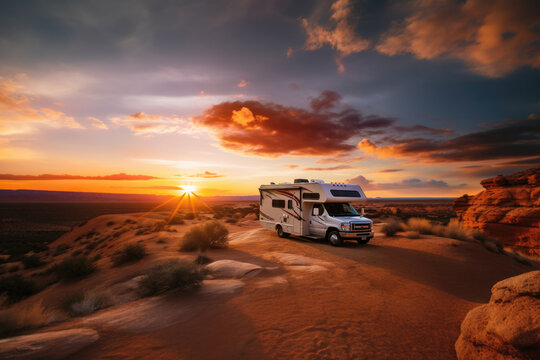 Motorhome RV camper van parked on the camping spot in nature at sunset.