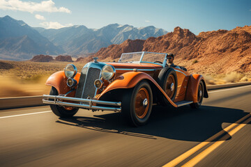 Classic 1930s roadster speeding along a desert highway, Generative AI