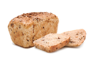 Freshly baked craft bread with cereals. Whole loaf and sliced.