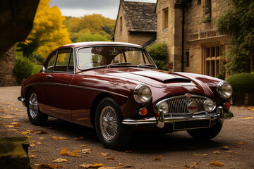  Beautifully restored vintage British sports car in a picturesque countryside, Generative AI 