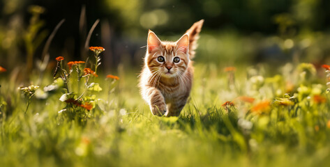 A cute brown Iggy cat running on the green grass hd wallpaper